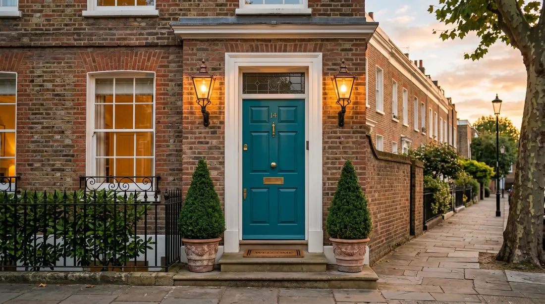 Teal front door on brick townhouse with lanterns and topiary plants.
