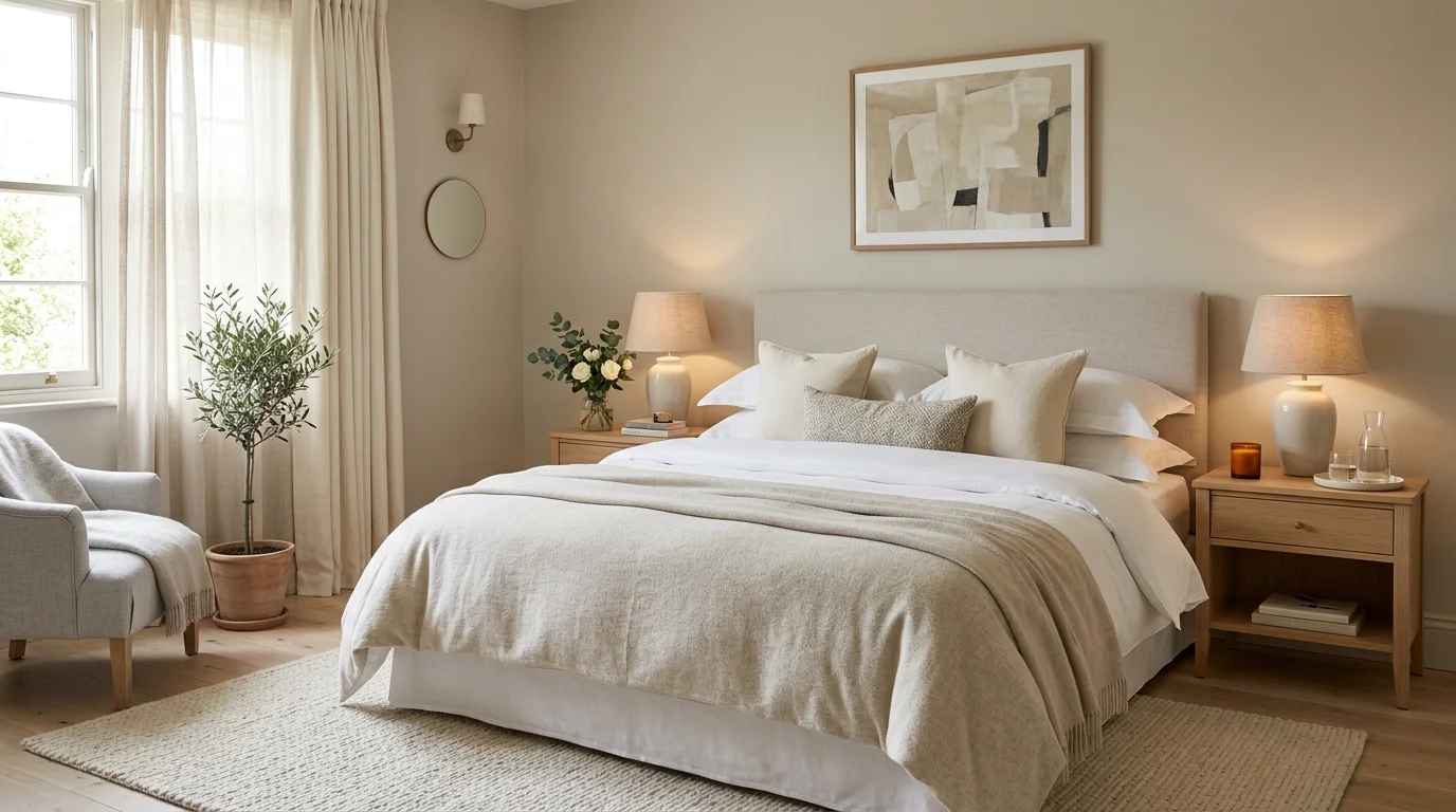 Guest bedroom with layered bedding, bedside lamps, soft neutral palette, and a calm welcoming feel.