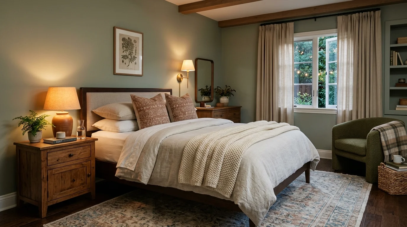 Guest room with crisp white bedding, upholstered headboard, and polished hotel-like symmetry.