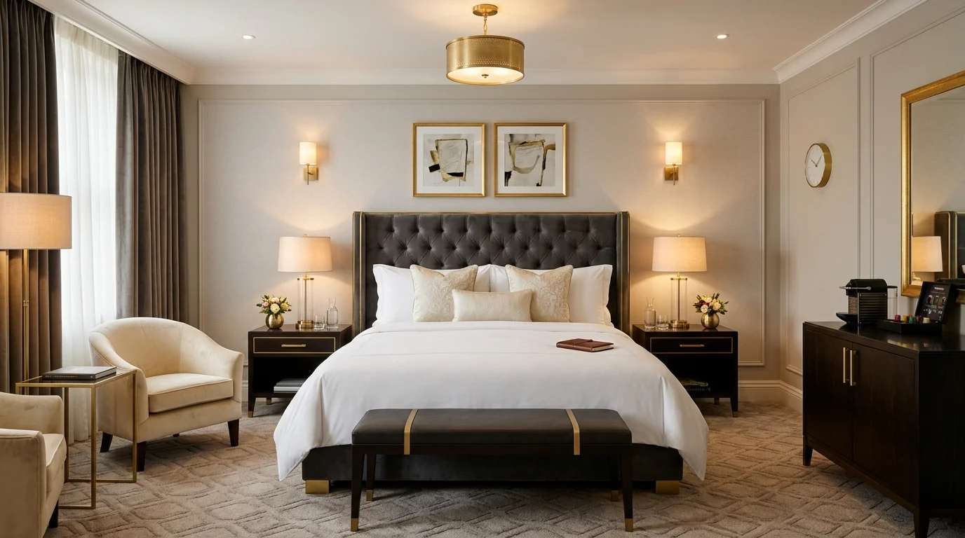 Compact guest room with slim furniture, tidy storage, and bright natural light.