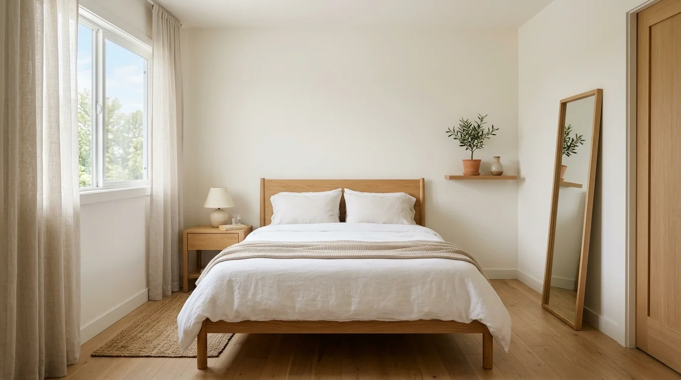 Bedroom with warm wood tones, soft textiles, and an easy comfortable atmosphere.