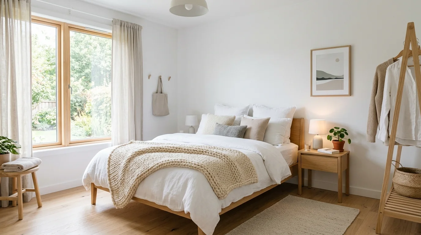 Bedroom with end-of-bed bench, layered pillows, and practical luggage-friendly styling.