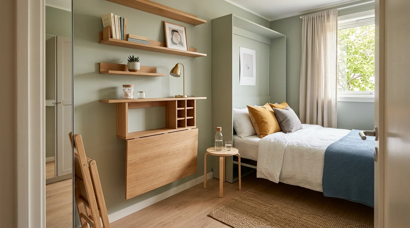 Bedroom with dresser, hooks, and accessible storage for visiting guests.