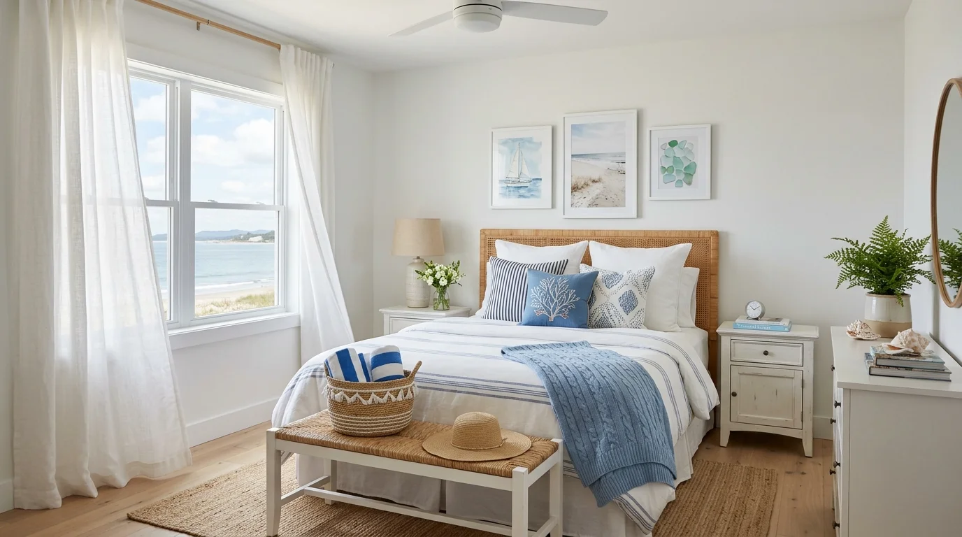 Guest bedroom with large windows, fresh flowers, and bright peaceful daylight.