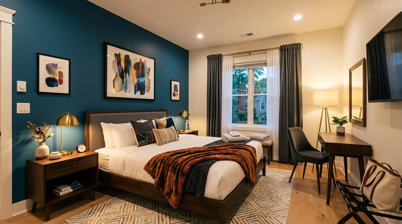 Guest space with deeper wall color, soft lamps, and intimate evening comfort.