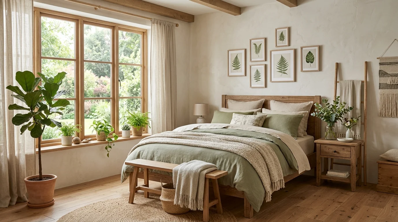 White guest bedroom with subtle texture, layered linens, and a simple serene finish.