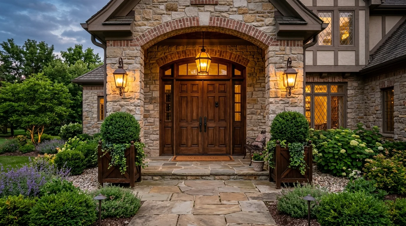 Elegant home entrance with console table, round mirror, greenery, and layered lighting.