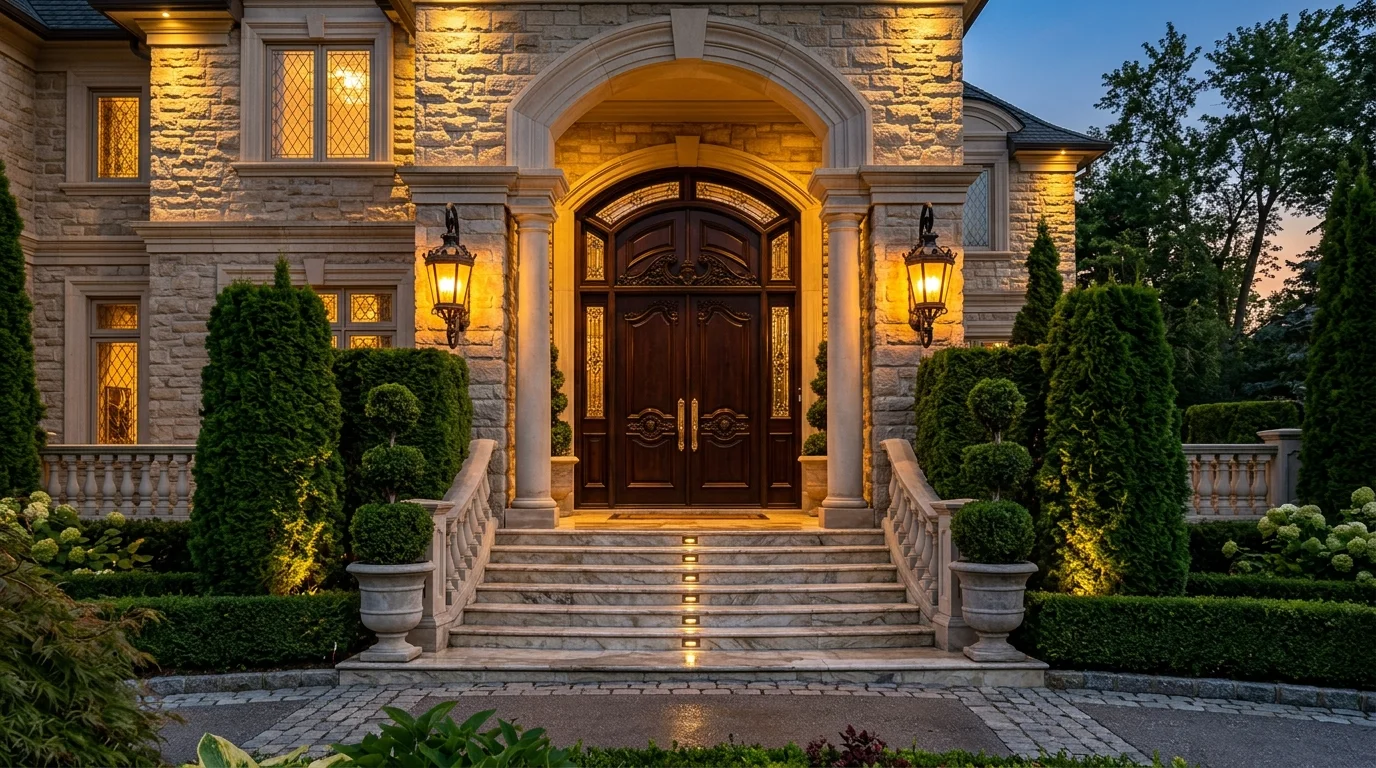 Entry area with layered rugs, slim console, black framed mirror, and potted plant.