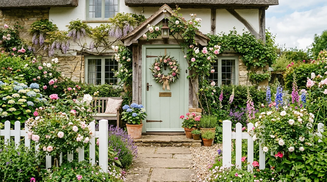 Farmhouse-style home entrance with shiplap wall, wood bench, lantern lighting, and wreath accents.