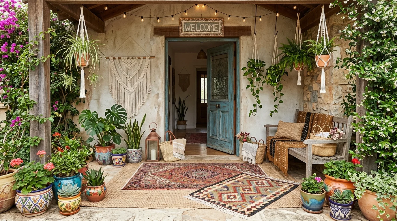 Cottage-style home entrance with floral accents, painted bench, baskets, and vintage mirror.