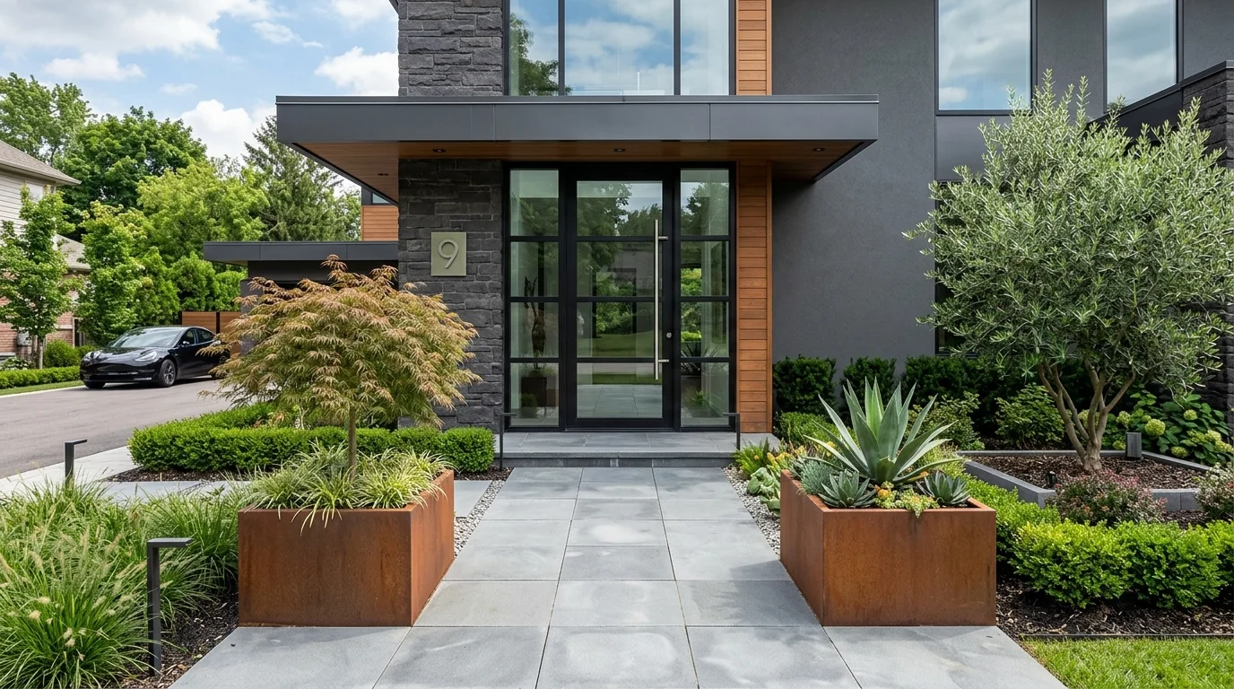 Entry with black door, wood console, woven rug, and modern warm styling.