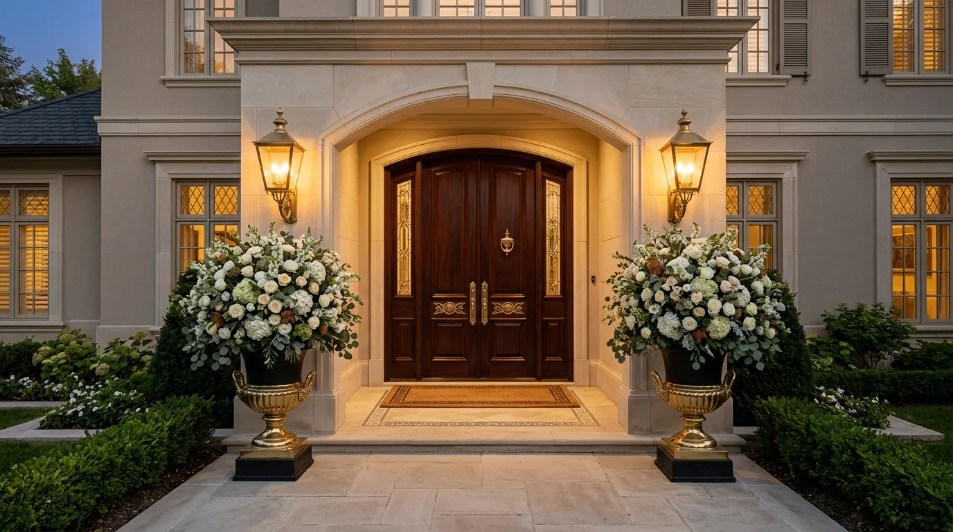 Luxury entrance with marble floor, elegant console, fresh flowers, and warm wall sconces.
