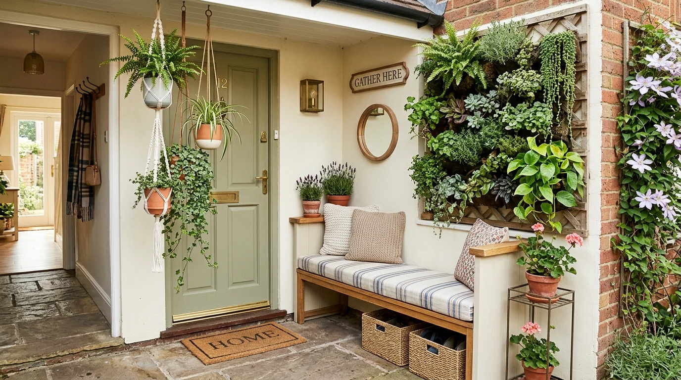 Home entrance decorated seasonally with wreath, layered doormat, lanterns, and fresh foliage.