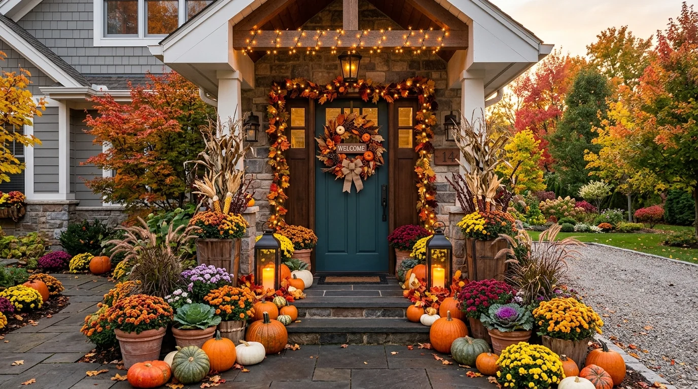 Calm neutral home entrance with pale rug, curved mirror, soft lighting, and simple decor.