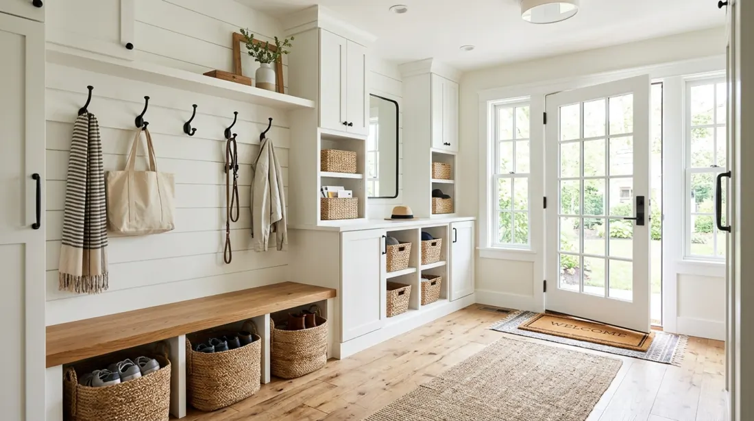 Welcoming mudroom entryway with white built-ins, wood bench, black hooks, and woven baskets.
