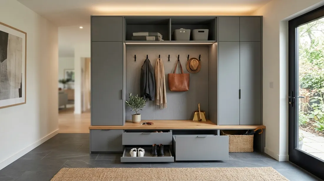 Modern mudroom entry with gray built-ins, bench, hidden shoe storage, and black hooks.