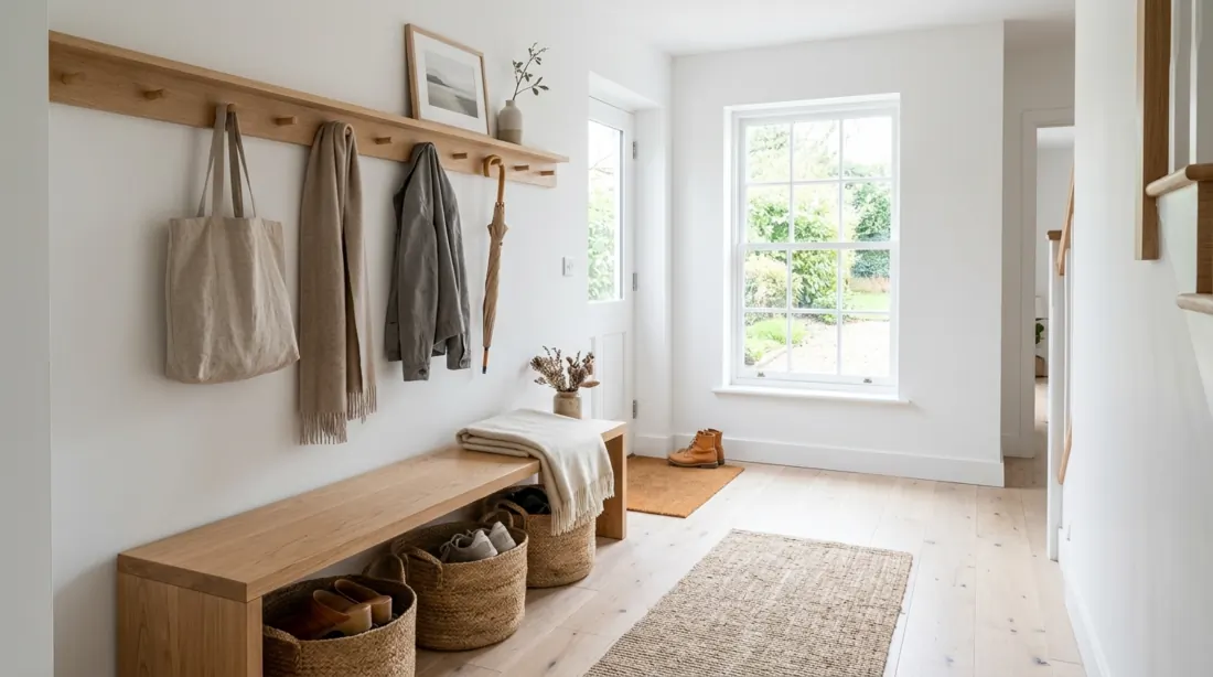Scandinavian mudroom entry with light wood bench, white walls, baskets, and hooks.