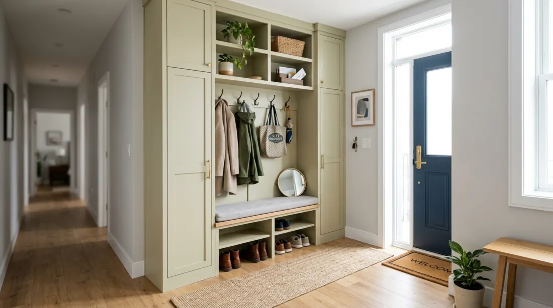 Compact mudroom entry with vertical cabinets, slim bench, and wall hooks.