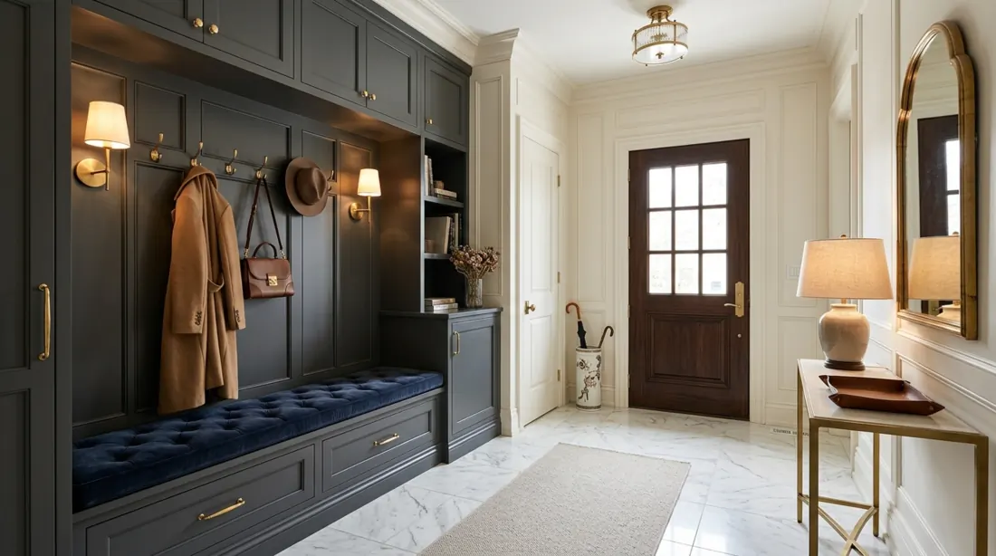 Luxury mudroom entry with marble floor, upholstered bench, brass hardware, and panel walls.