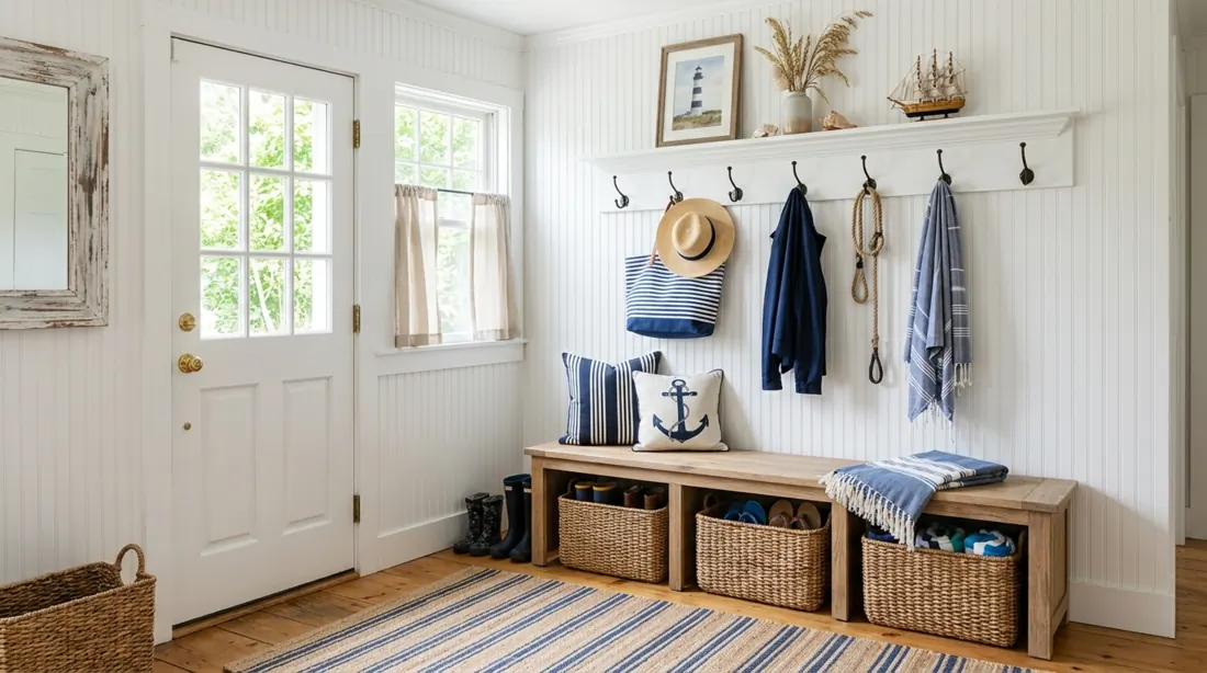 Coastal mudroom with beadboard walls, blue accents, wicker baskets, and wood bench.