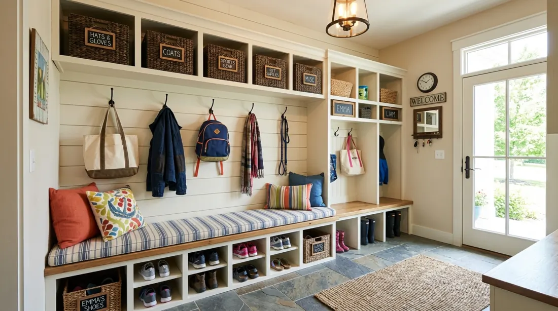 Family mudroom entry with labeled bins, bench seating, shoe cubbies, and organized storage.
