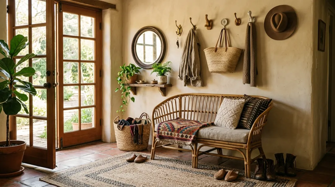 Bohemian mudroom entry with rattan bench, woven textures, eclectic hooks, and earthy tones.