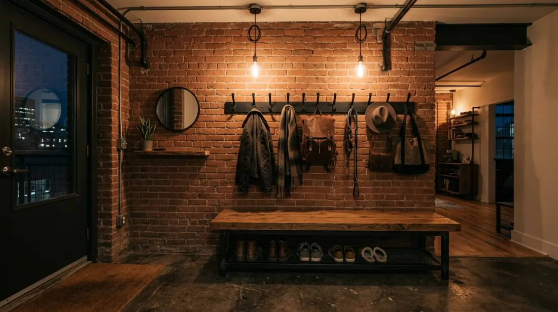Industrial mudroom entry with black hooks, steel-frame wood bench, brick wall, and Edison lighting.