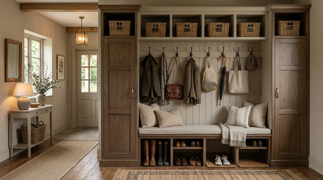 Traditional mudroom entry with wooden lockers, classic bench, neutral tones, and symmetrical hooks.