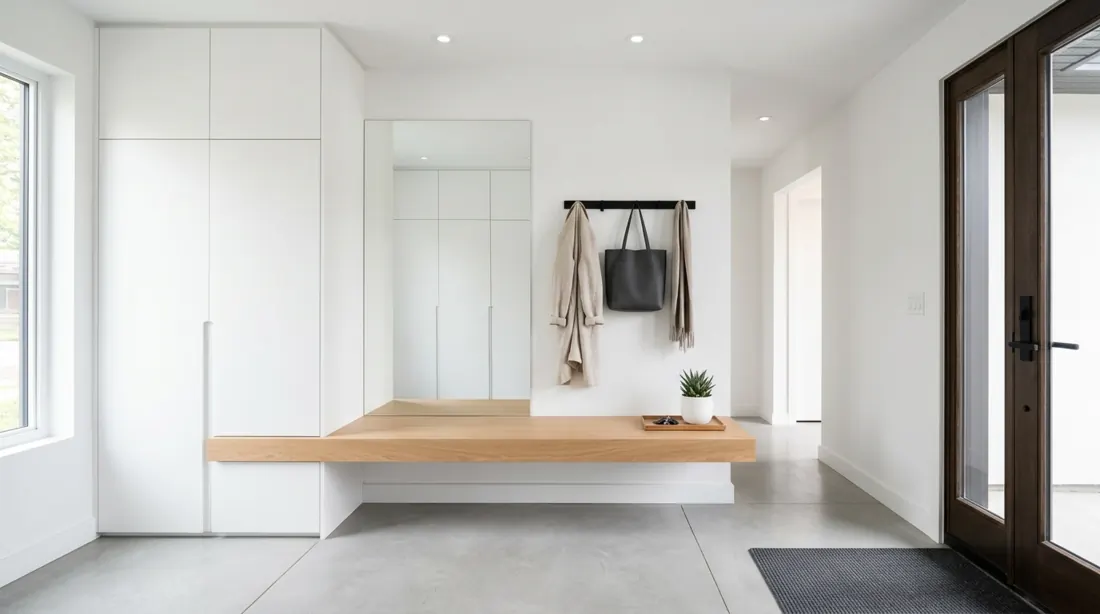 Minimal entry mudroom with handleless white cabinetry, floating bench, and hidden storage.