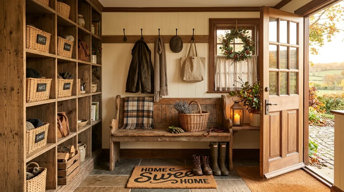 Cozy farmhouse mudroom entry with cubbies, rustic bench, baskets, and seasonal greenery.