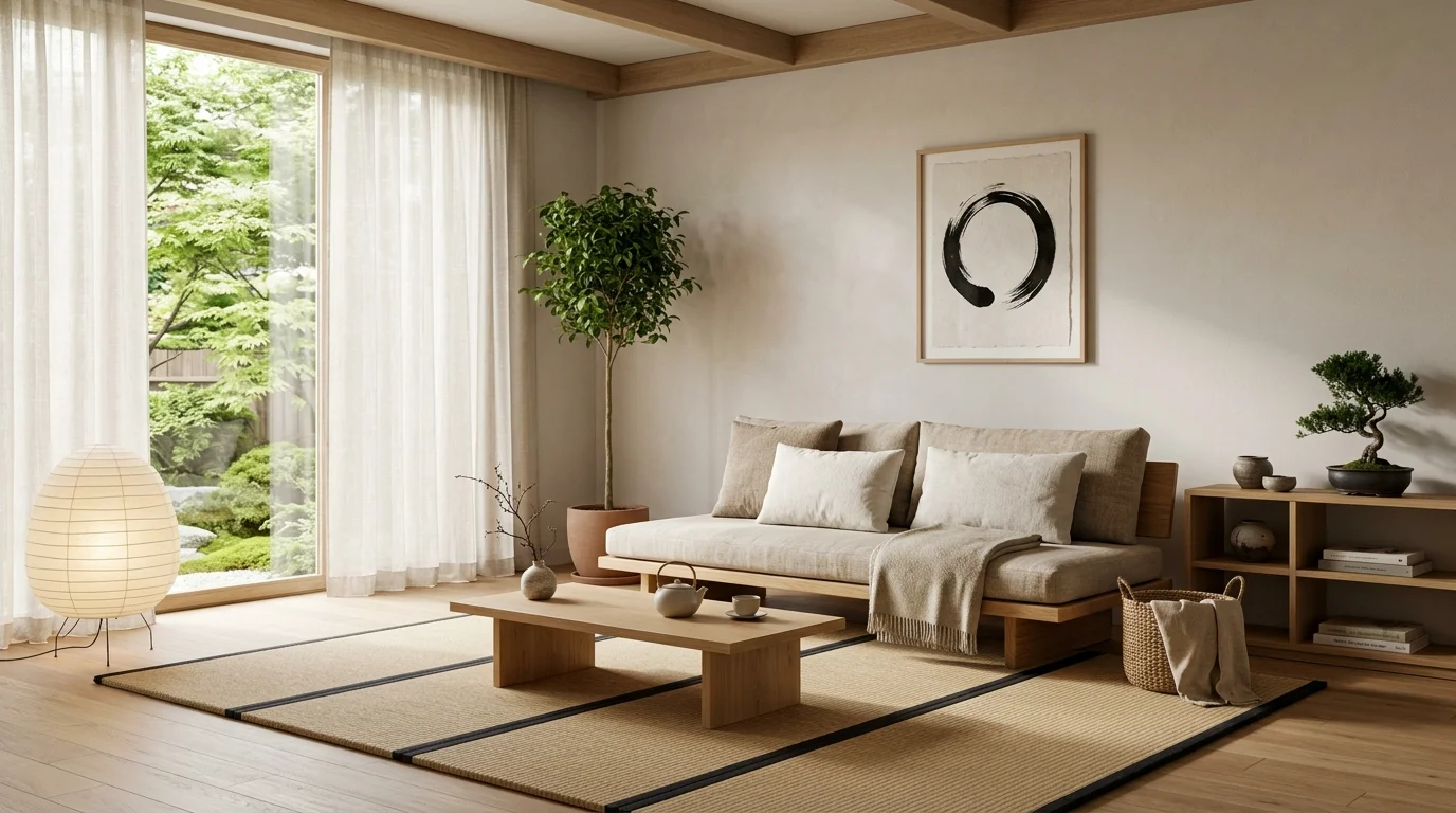 Zen Japandi living room with low wood sofa, neutral cushions, tatami-style rug, and soft daylight.