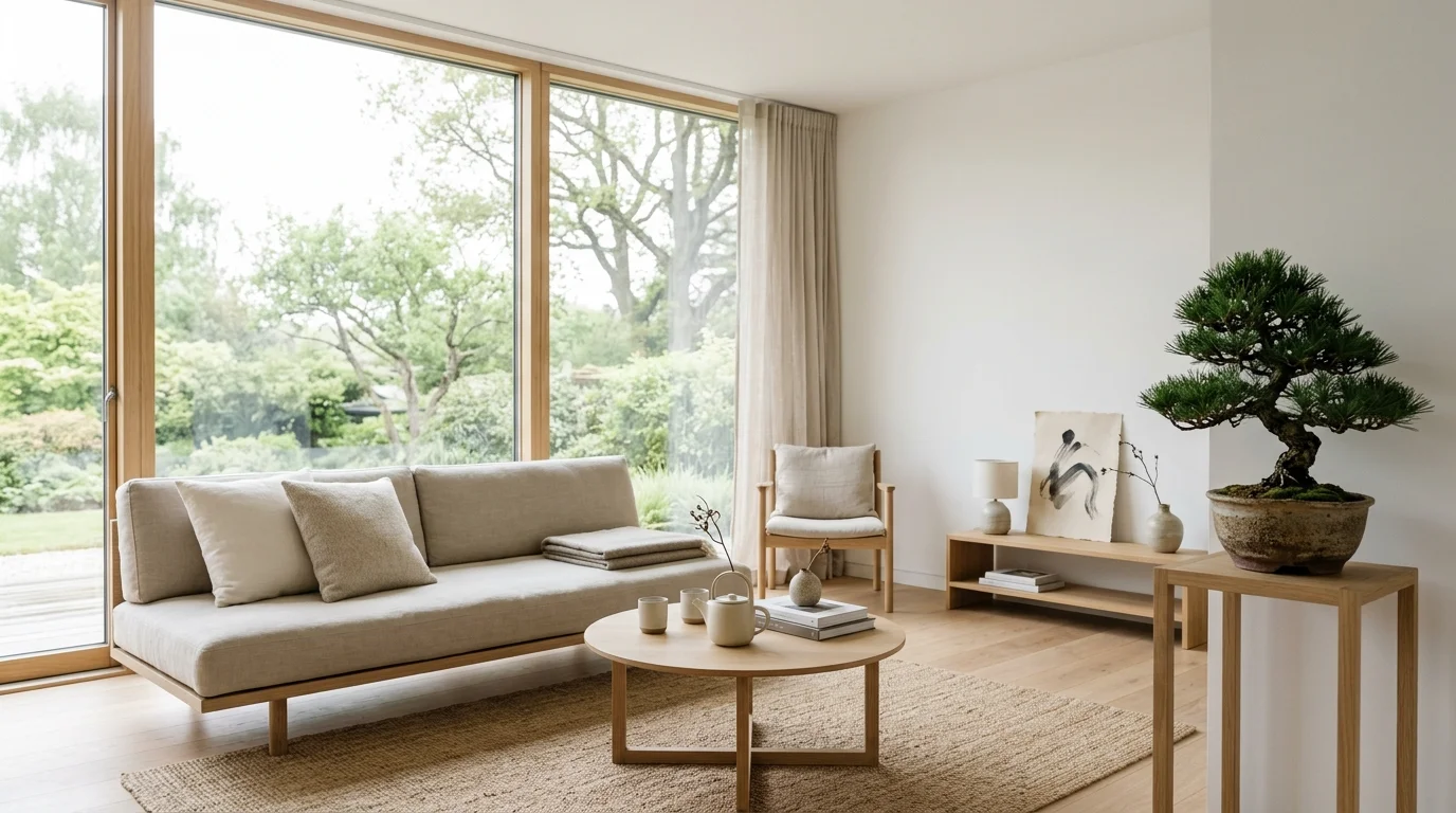Minimal Japandi living room with oak furniture, white walls, ceramic decor, bonsai plant, and big windows.