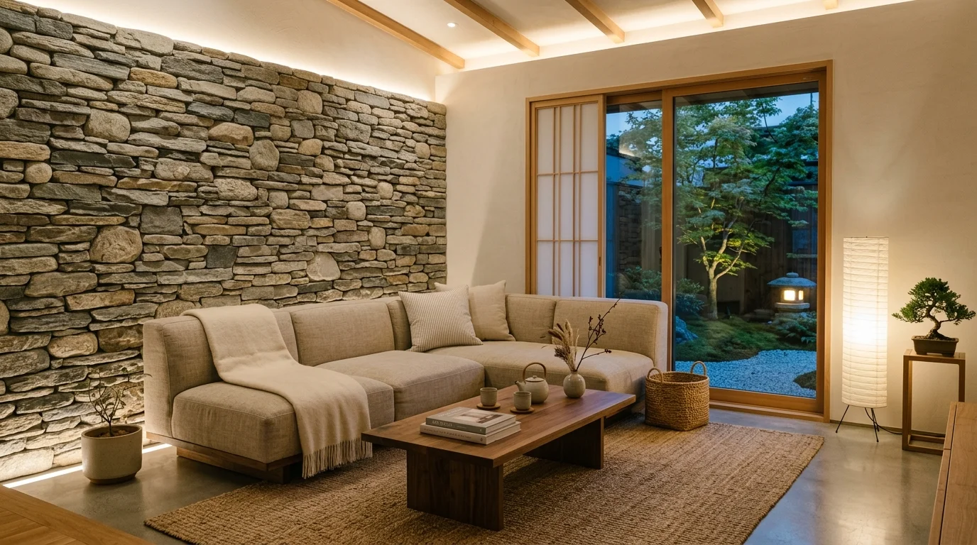 Zen-inspired living room with stone wall, beige sofa, low wood table, and warm indirect lighting.