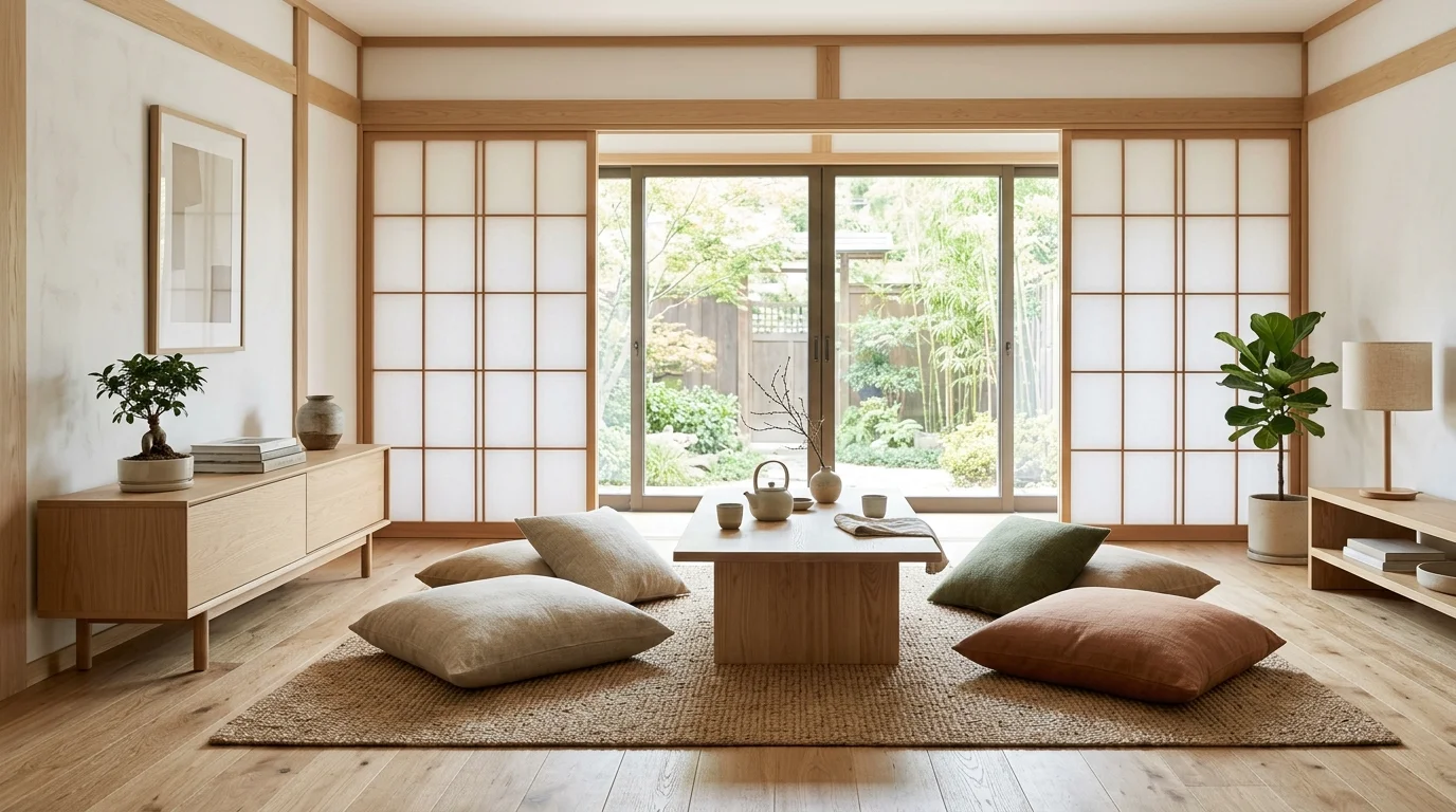 Japandi living room with floor cushions, sliding wood panels, natural textures, and uncluttered layout.