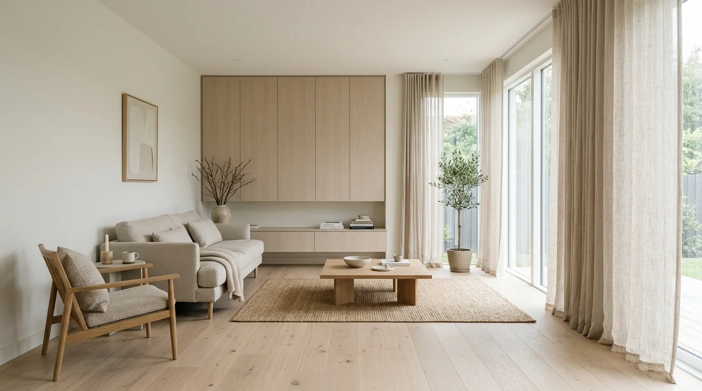 Minimal living room with pale wood floor, linen curtains, neutral palette, and hidden storage.
