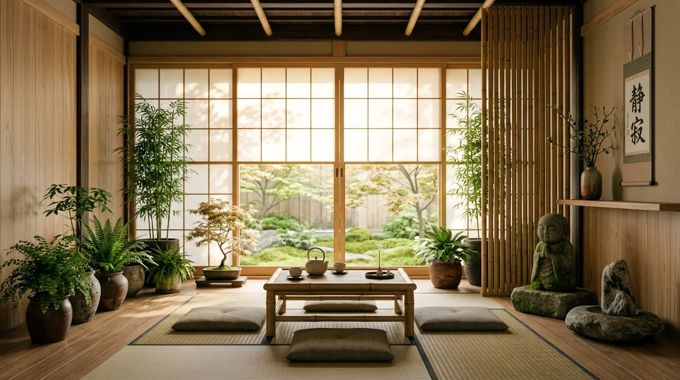 Zen living room with indoor greenery, bamboo accents, stone objects, and filtered light through shoji-style screens.