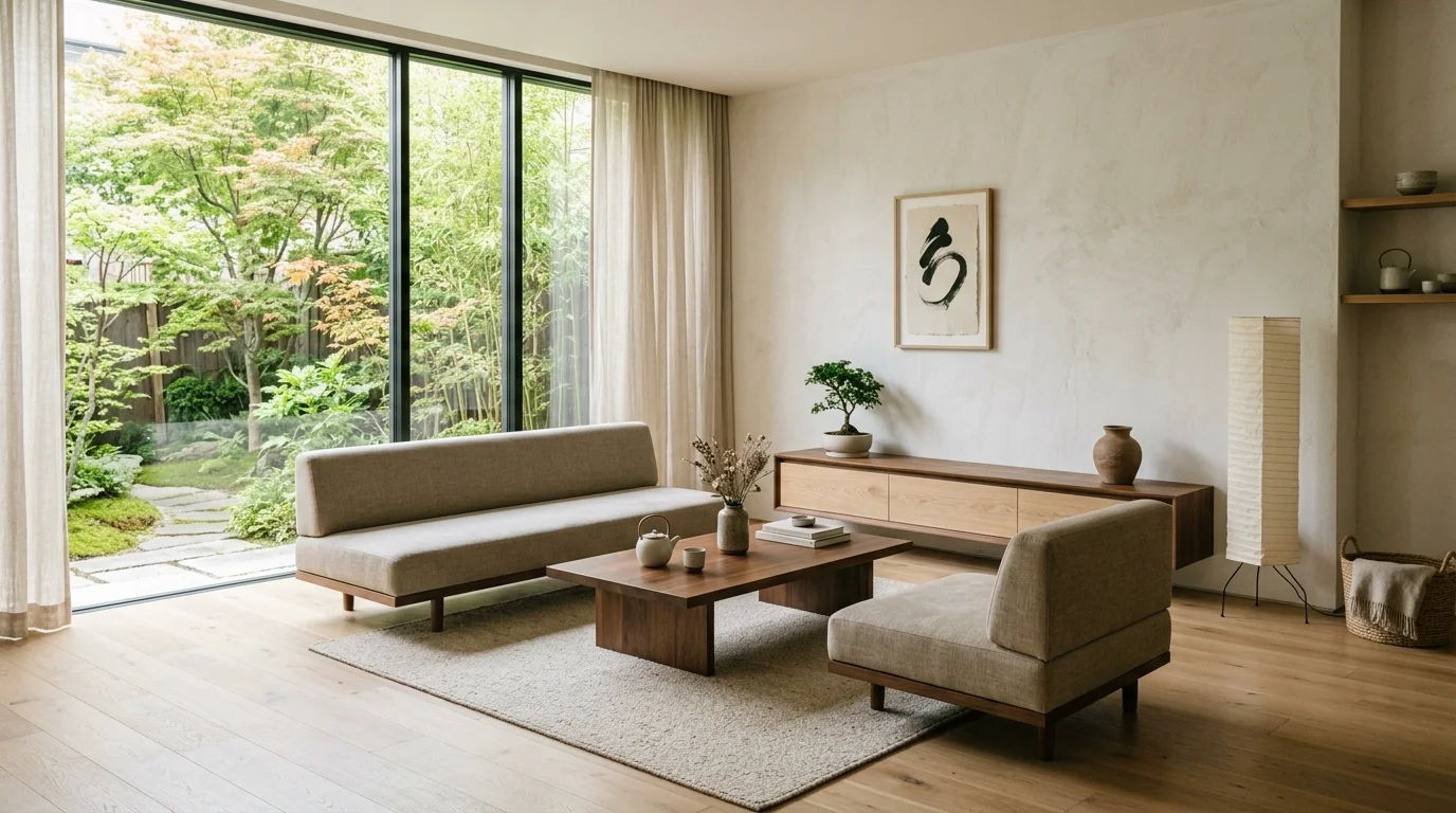 Modern Japandi lounge with low furniture, muted earth tones, simple art, and open balanced floor area.