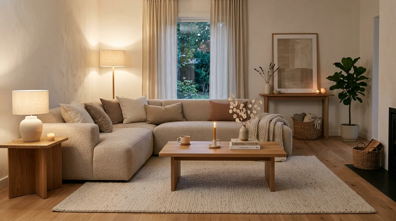 Cozy minimalist living room with wool rug, wood coffee table, beige seating, and warm ambient light.