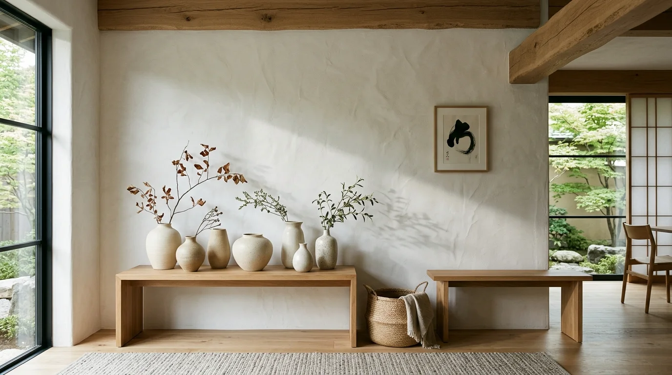 Japandi room with white plaster walls, wood beams, ceramic vases, and soft shadowed light.