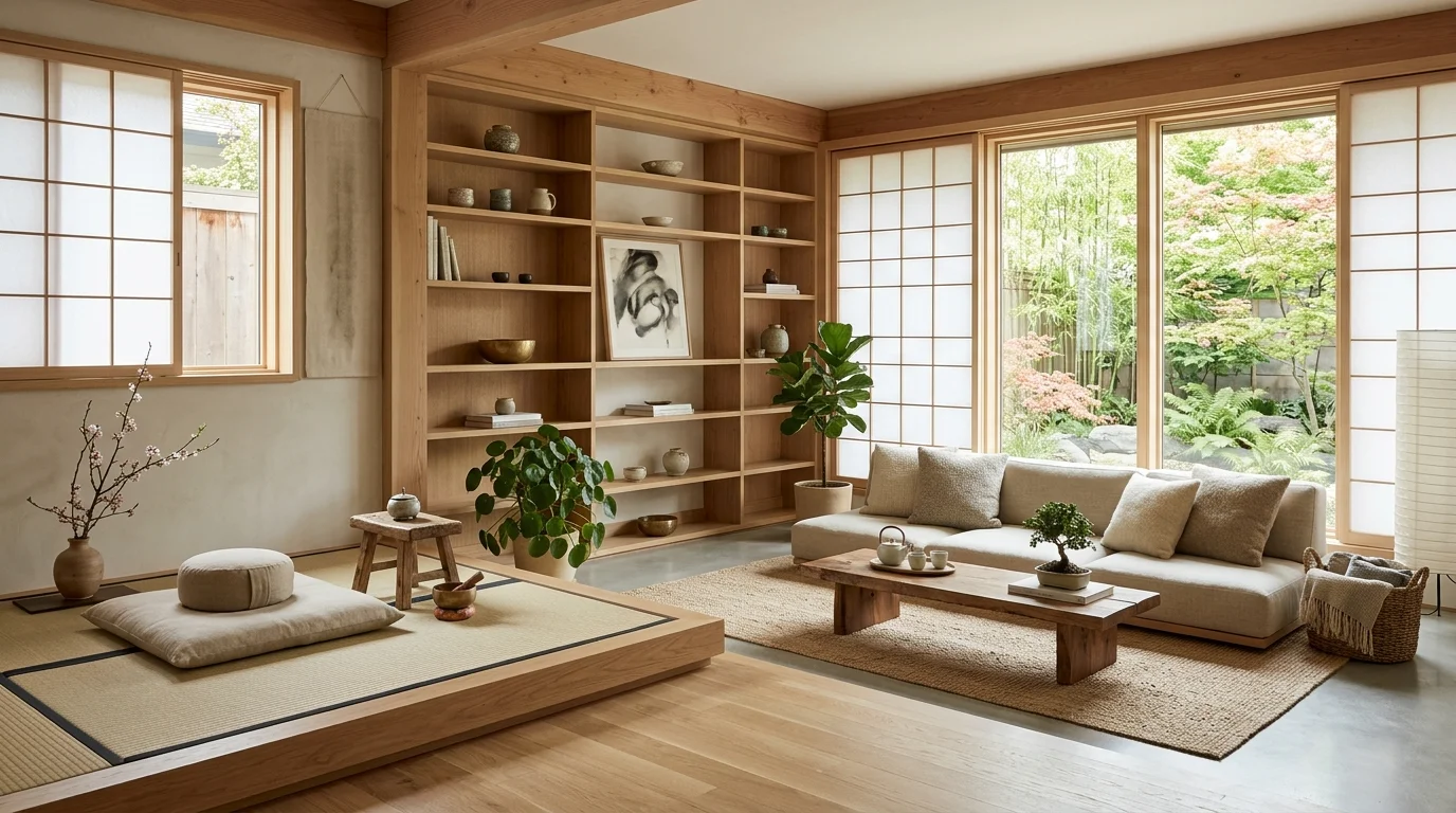 Zen-inspired living room with meditation corner, floor seating, wood shelving, and neutral tones.