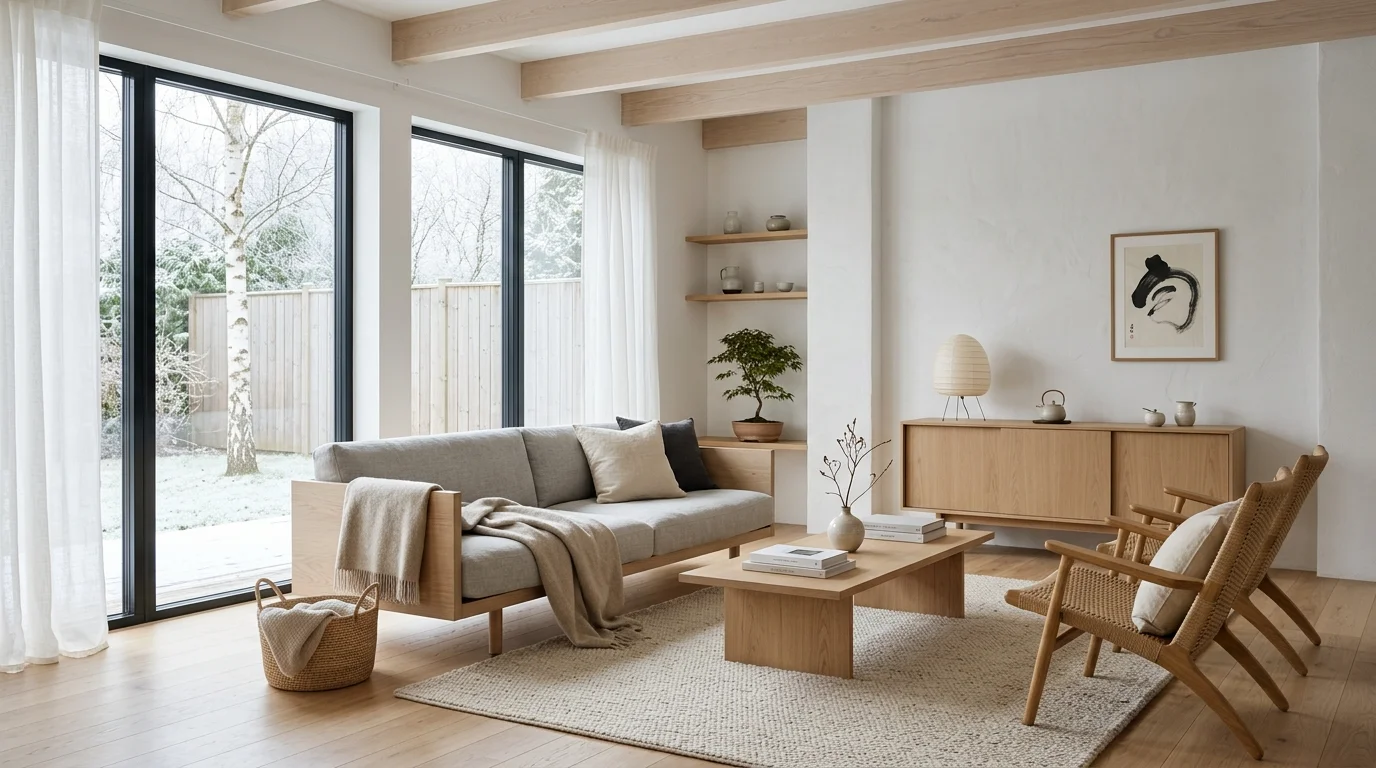 Scandinavian-Japanese living room with clean lines, light wood furniture, soft textiles, and minimal decor.