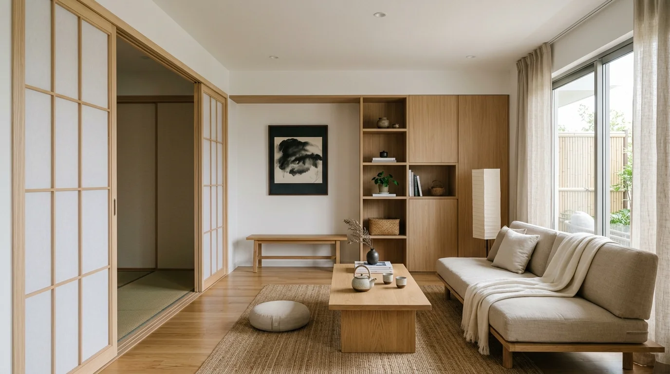 Minimal Zen apartment living room with compact layout, sliding partition, efficient storage, and serene palette.