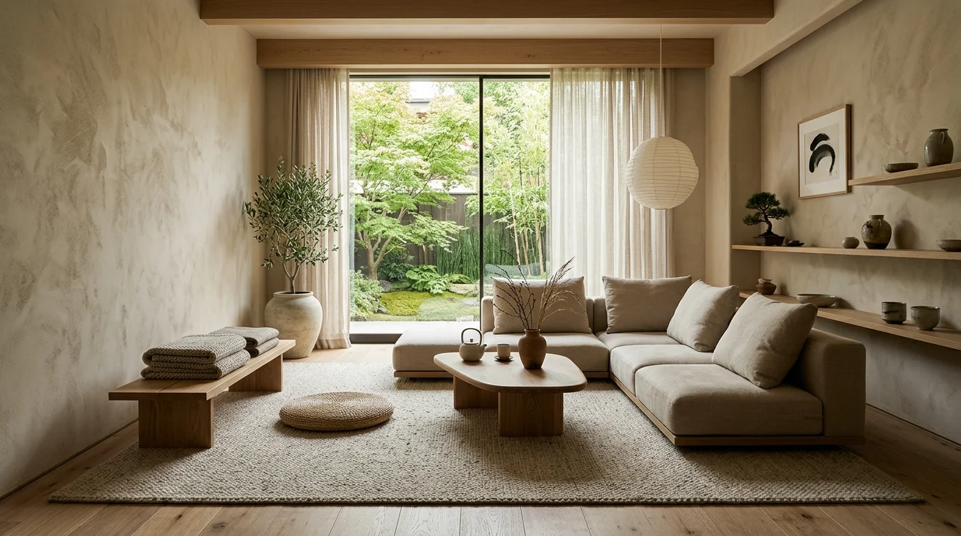 Elegant Japandi space with textured walls, low seating, soft daylight, and organic decor.