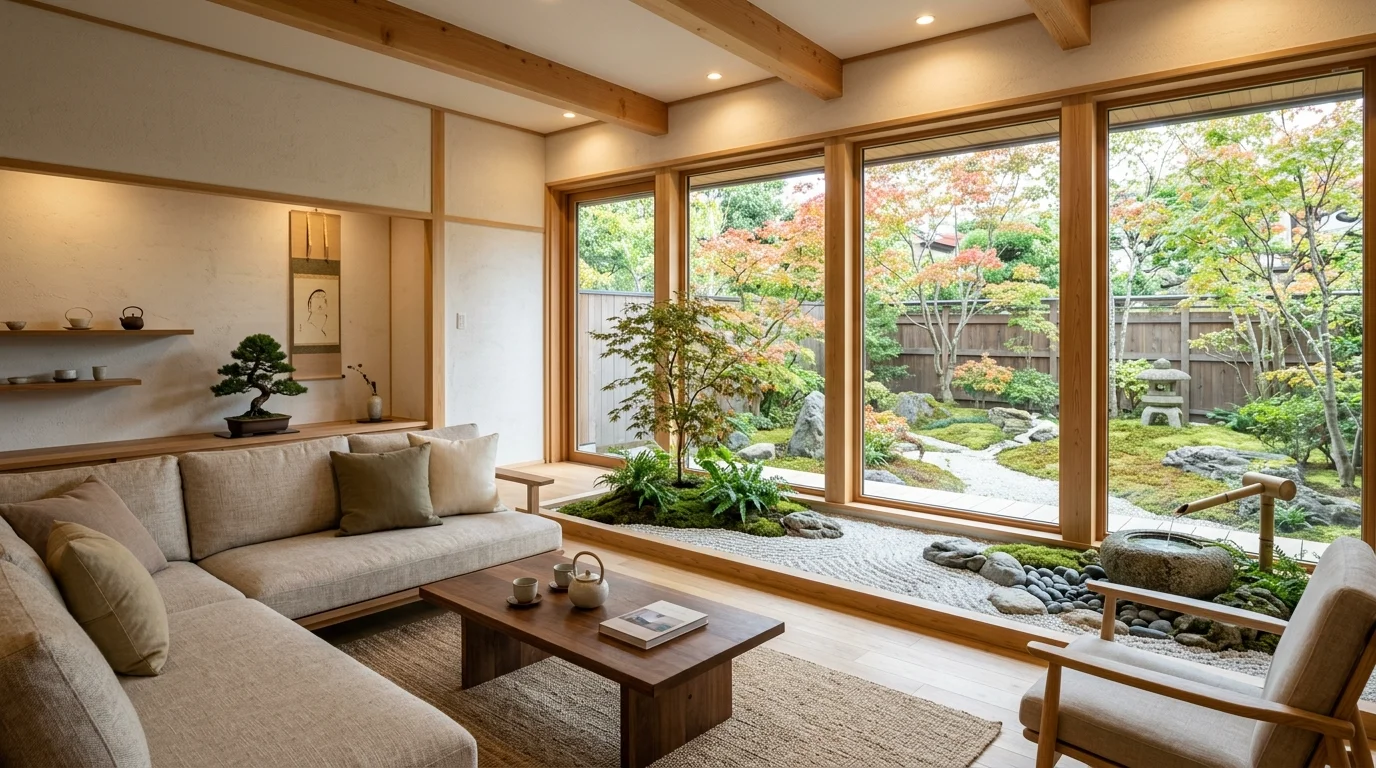 Tranquil Zen living room with panoramic windows, stone garden feature, wood accents, and muted tones.